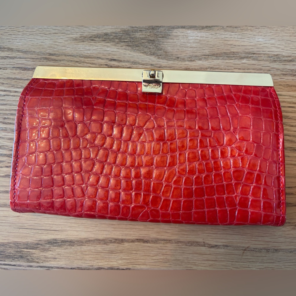 Abas Luxury leather shiny red croc-embossed accordion Wallet with Gold Accents